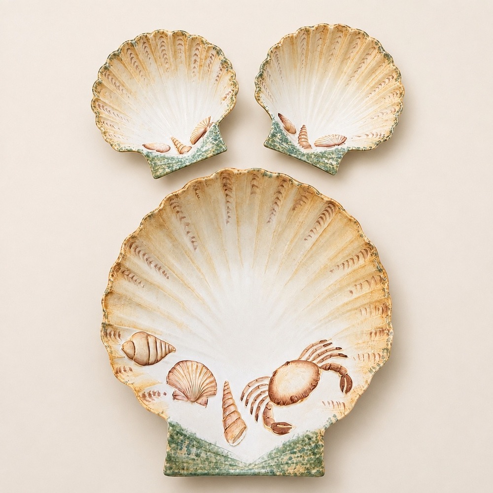 Vietri Italy Ceramic Shell Platter and Bowls Set 3pc Scallop Crab Coastal Decor
